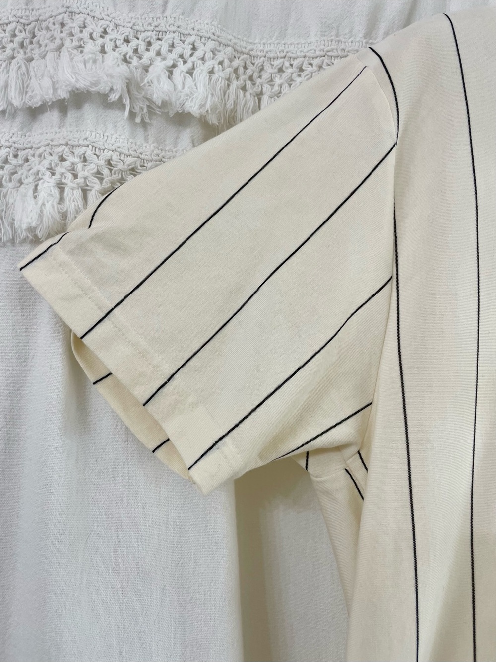Denim & Flower Cream Tee with Black Pinstripes - Picture 2 of 6